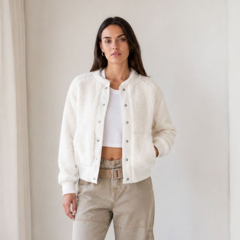 NSF Sherpa Bomber Jacket Medium Ivory Teddy Faux Shearling Coat